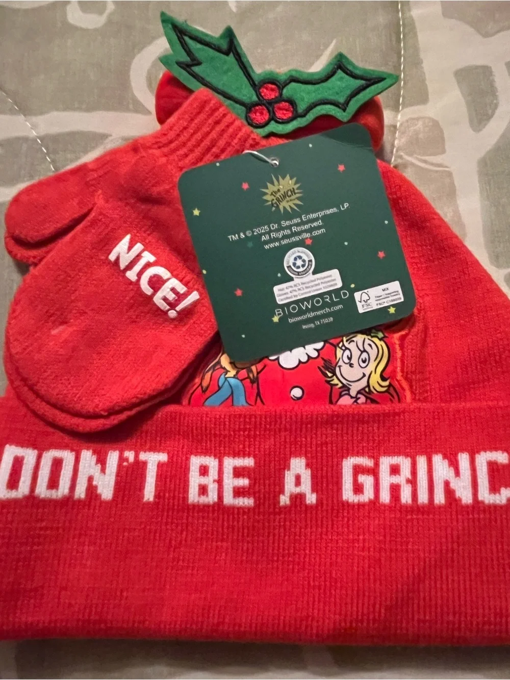 Kids Red Grinch Holiday Beanie with Matching Mittens